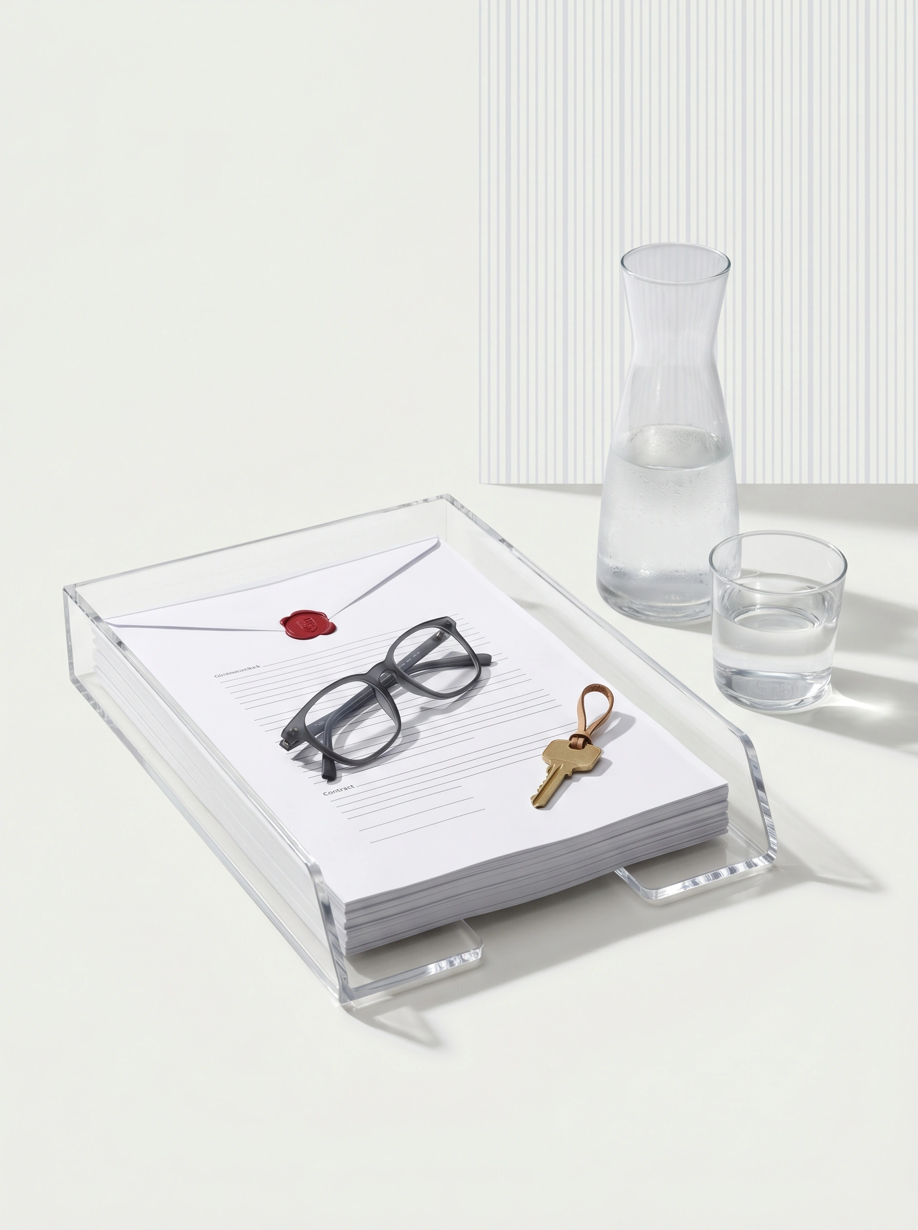 Transparenz — klares Glas mit Dokumenten, Lesebrille und Wachsiegel